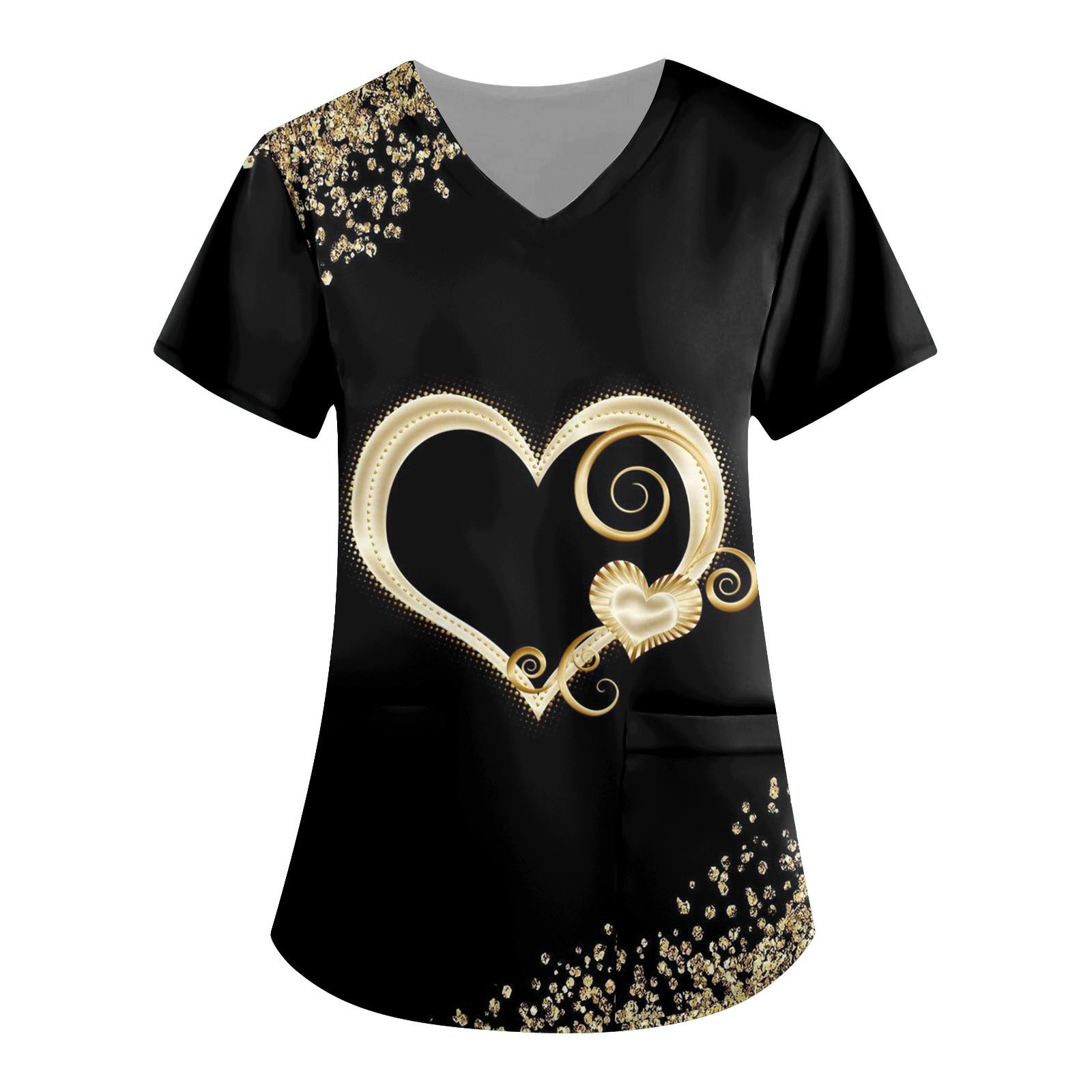 

Женская мода, рабочая одежда с v-образным вырезом, короткими рукавами и карманами, топы с принтом, летние топы для женщин L чёрный