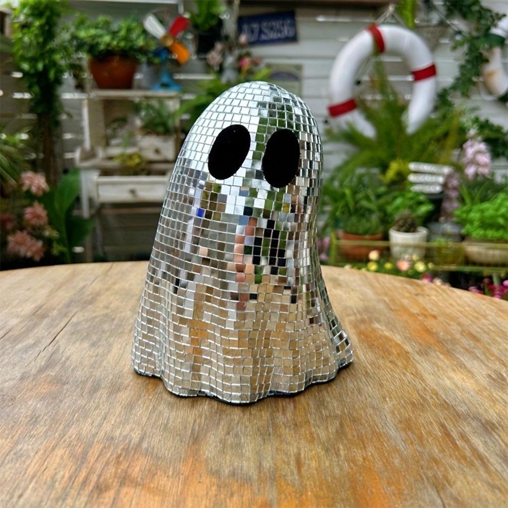 Halloween Disco Ghost Ornament Silver Mosaic Mirror Disco Ghost Tabletop Decor Glitter Spooky Ghost Halloween Tiered Tray Decor