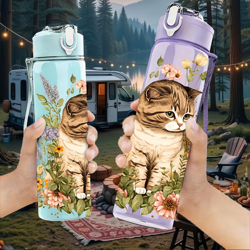 1PC Kitten Dried Flower Bouquet Pattern 750ml Color Plastic Sports Water Bottle Leakproof Flip Straw Lid Suitable for Sports Office Home Use