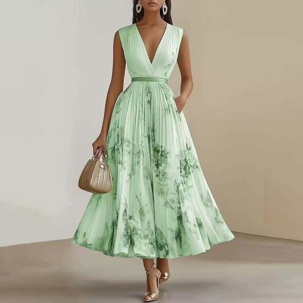 Women V Neck Sleeveless Party Draped Maxi Dresses Vintage Elegant Office Floral A-line Dress For Women Lady Chic Evening Gown