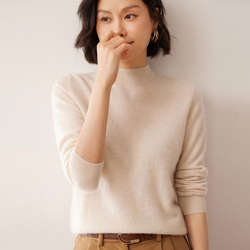 

Женский кашемировый свитер однотонный с высоким воротом - осенне-зимний трикотажный пуловер с длинным рукавом Small