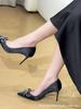 2025 Spring and Autumn New Rhinestone Bow Thin Medium High Heel Shallow Mouth Single Shoes Celebrity Temperament Sexy Niche Single Shoes
