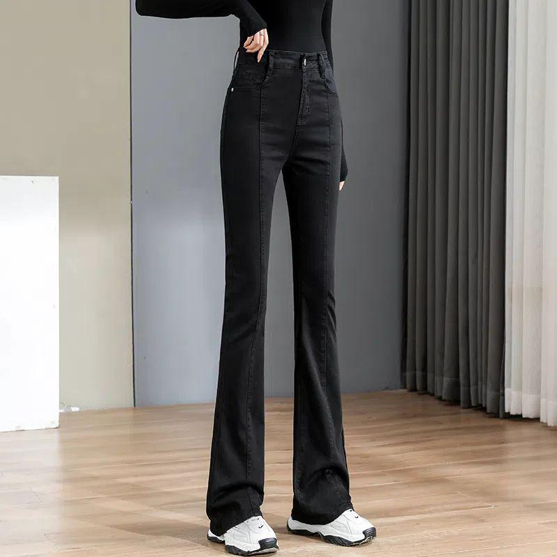 Women's High-Waist Skinny Micro-Flare Jeans - Spring/Autumn Fashion, Stretch, Blue-Gray, Fleece-Lined.