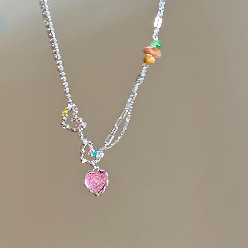 Trend Sweet Cool Wind Colorful Stone Heart Necklace for Women Pink Heart Chains Necklaces Pendants Fashion Aesthetic Y2K Jewelry