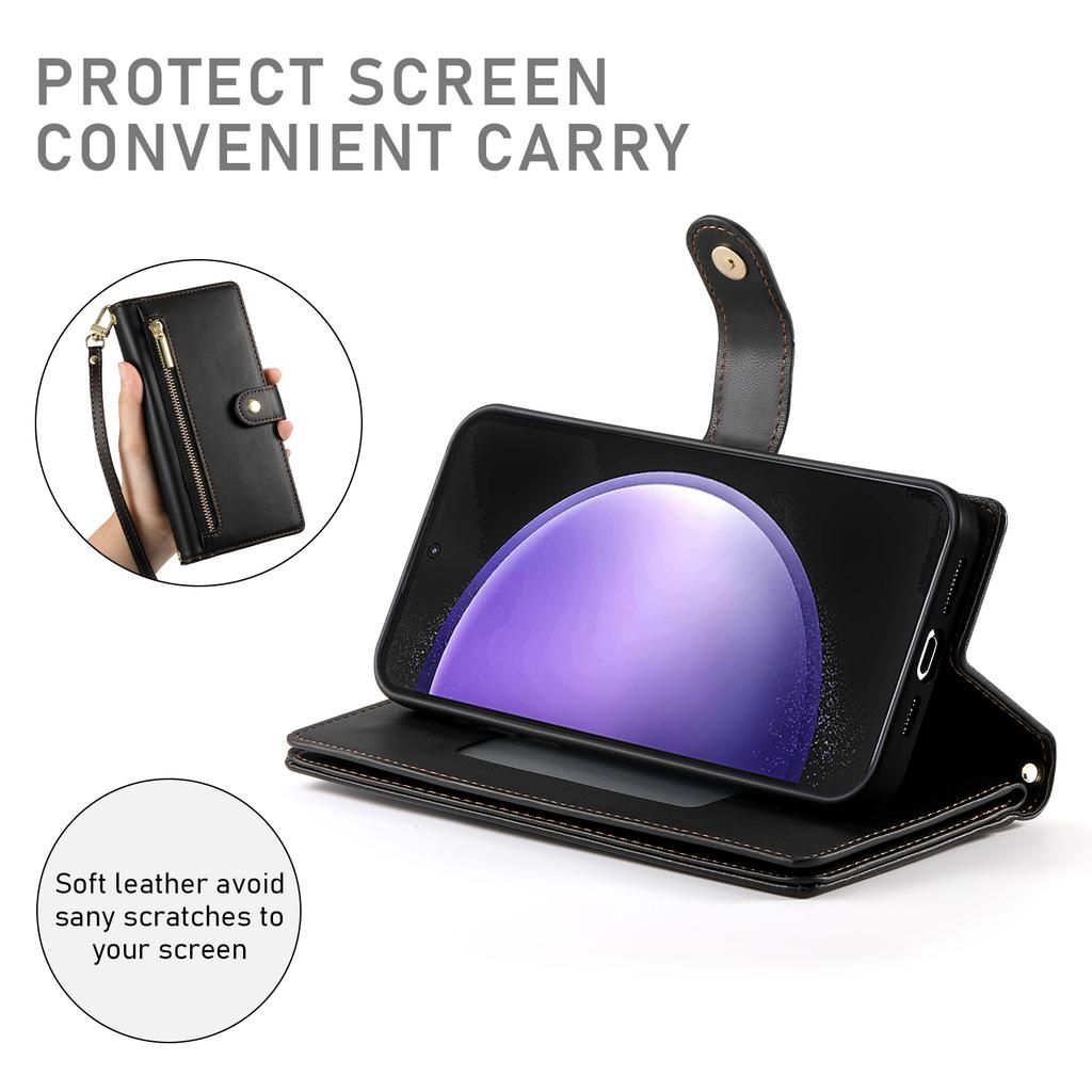 DF-011 For Samsung Galaxy S23 FE Case PU Leather Zipper Wallet Phone Cover with Straps