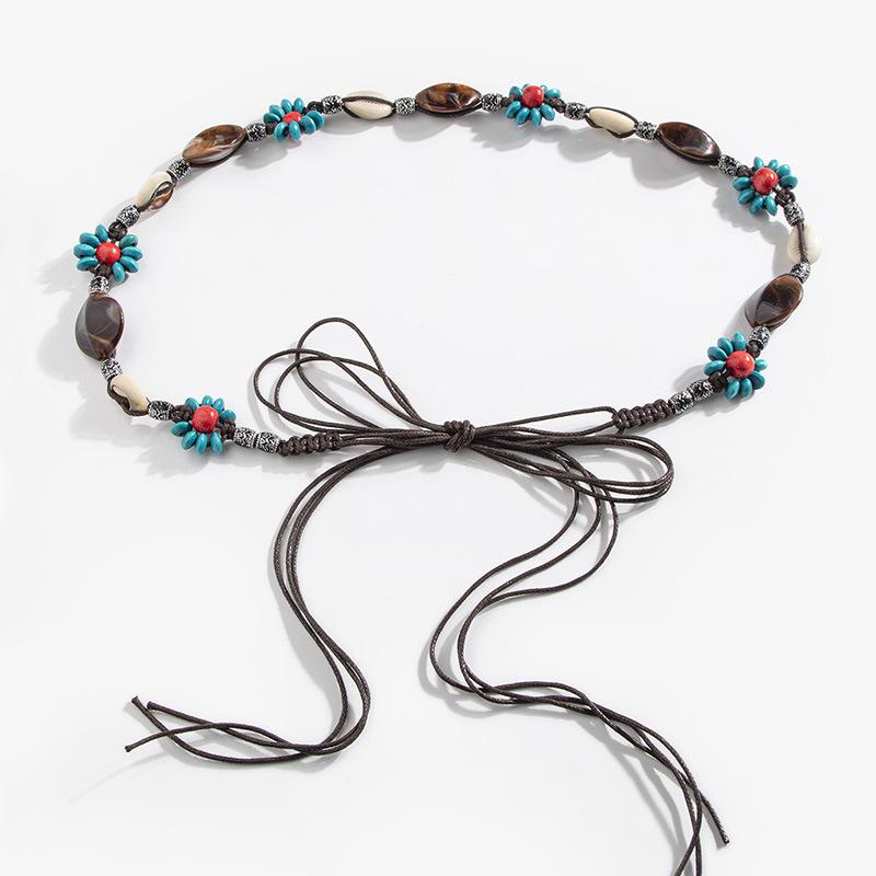 Boho Style Flowers Weaving Knotted Ethnic Style Handmade Wooden Beads Women's Belt Leisure Vacation Style Beautiful Waist Rope
