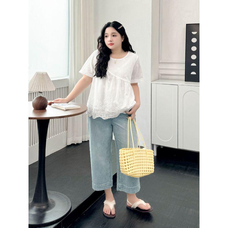 Plus Size Women Clothing [Elegant Artistic Shirt] Summer Retro Casual Jacquard Embroidered Hollow Round Neck Short Sleeve Shirts