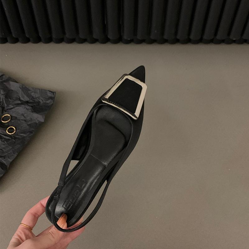 2025 new summer French flat-bottomed non-slip black bag head sandals women's versatile rhinestone pointed temperament single shoes