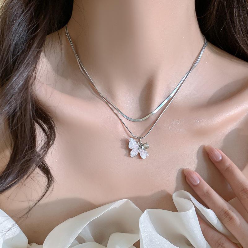 Elegant Double Layer Pink Butterfly Necklace - Fashionable & Unique Design
