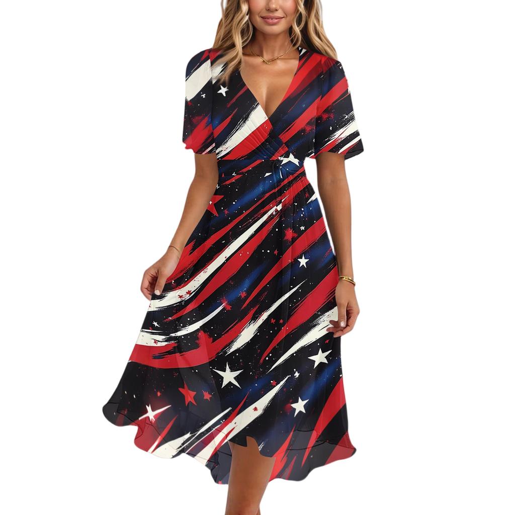 Women's Casual V Neck Short Sleeve Dress with Independence Day Stars and Stripes Print Wrap Style Midi Dress for Summer