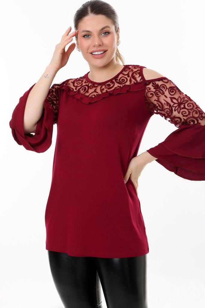 Women's Big Size Blouse Flounce Sleeve Comfortable Flowy Lace Detailed Style And Cool Blouse