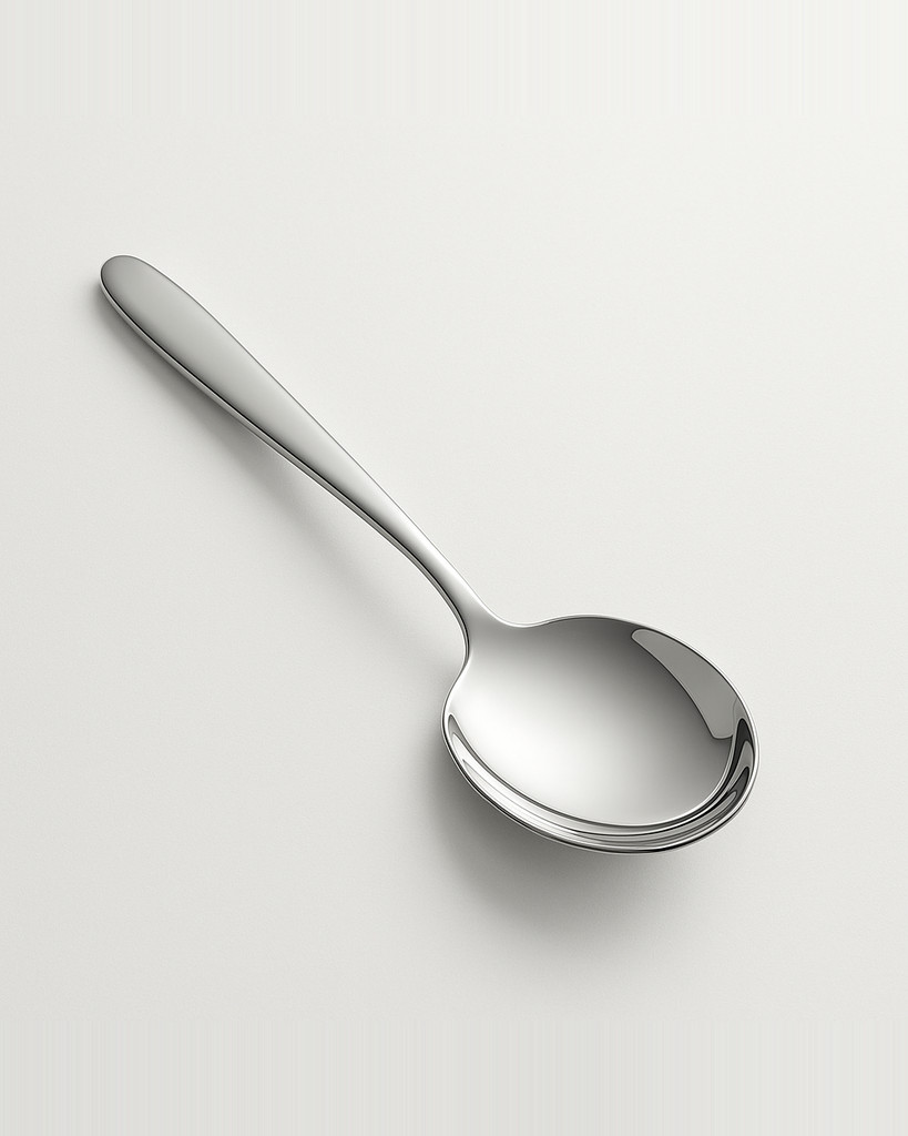 Moderner und eleganter runder Löffel aus Edelstahl mit großem Kopf und langem Griff zum Rühren und Servieren