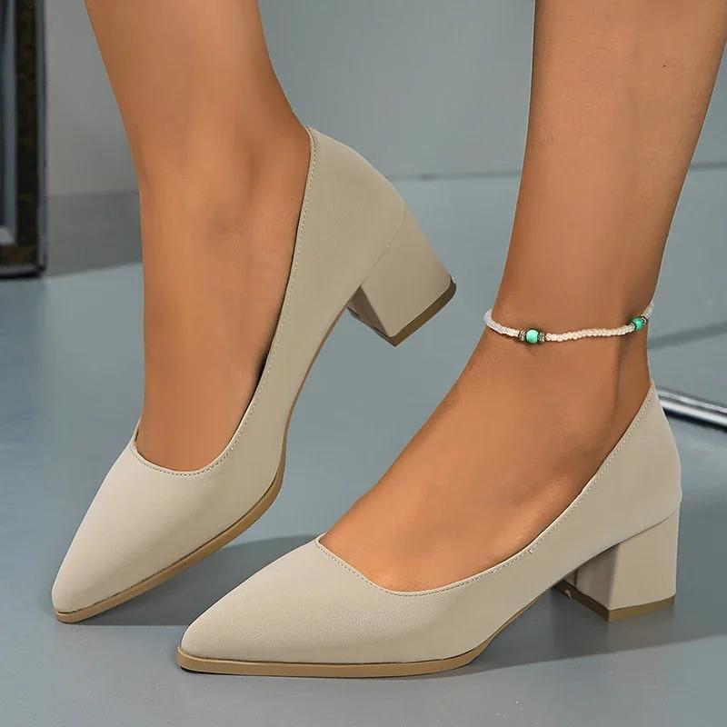 Solid Color Plus Size 36-43 Thick Square Heels Pumps for Women High Heel Pointed Toe Basic Pumps 2025 Autumn Slip On Party Shoes