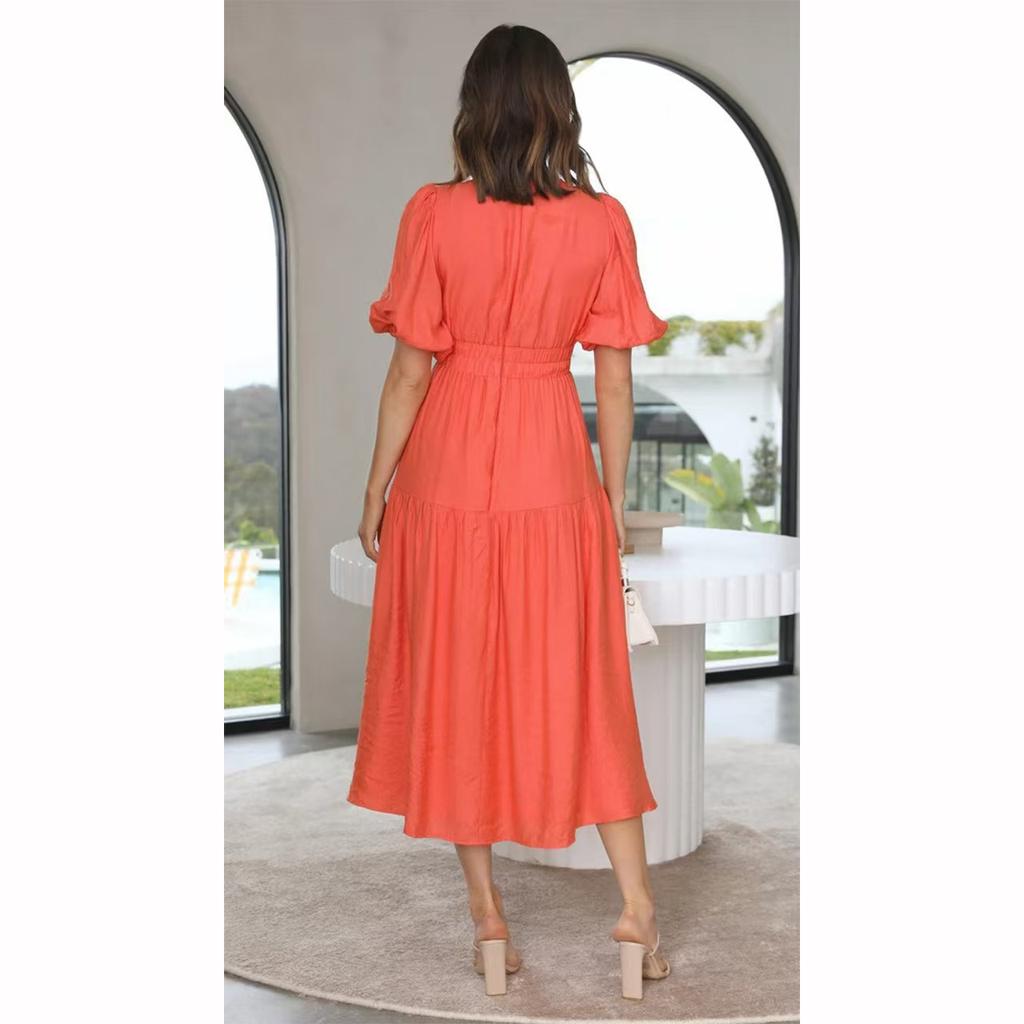 Women's V Neck Formal Lace V Neck Maxi Dress Ruffle Fringe Short Sleeve Boho Wedding Guest Long Dresses