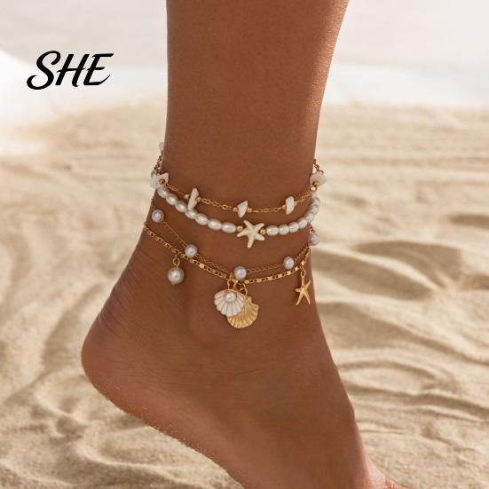 Bohemian Anklet Beach for Women, Starfish Shell Fish Tail Pendant Boho Jewelry Bracelet, Layered Faux Pearl Foot Chain Summer Vacation Charm