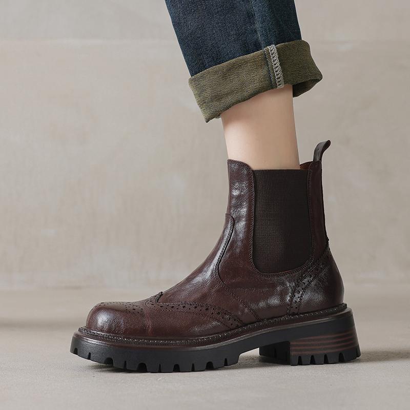 Fashion 2024 New Genuine Leather Winter Women Boots Brogues Platform Motorcycle Boots Ankle Boots Retro Sheepskin Slip-on Ladies Shoes