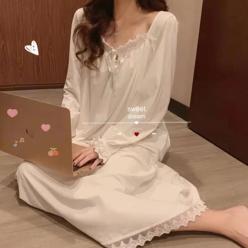 Women's Clothing Four Seasons Long-Sleeved Nightwear Princess Style Nightgown Girl Lace Pajamas Korean Loose Sleepwear Homewear