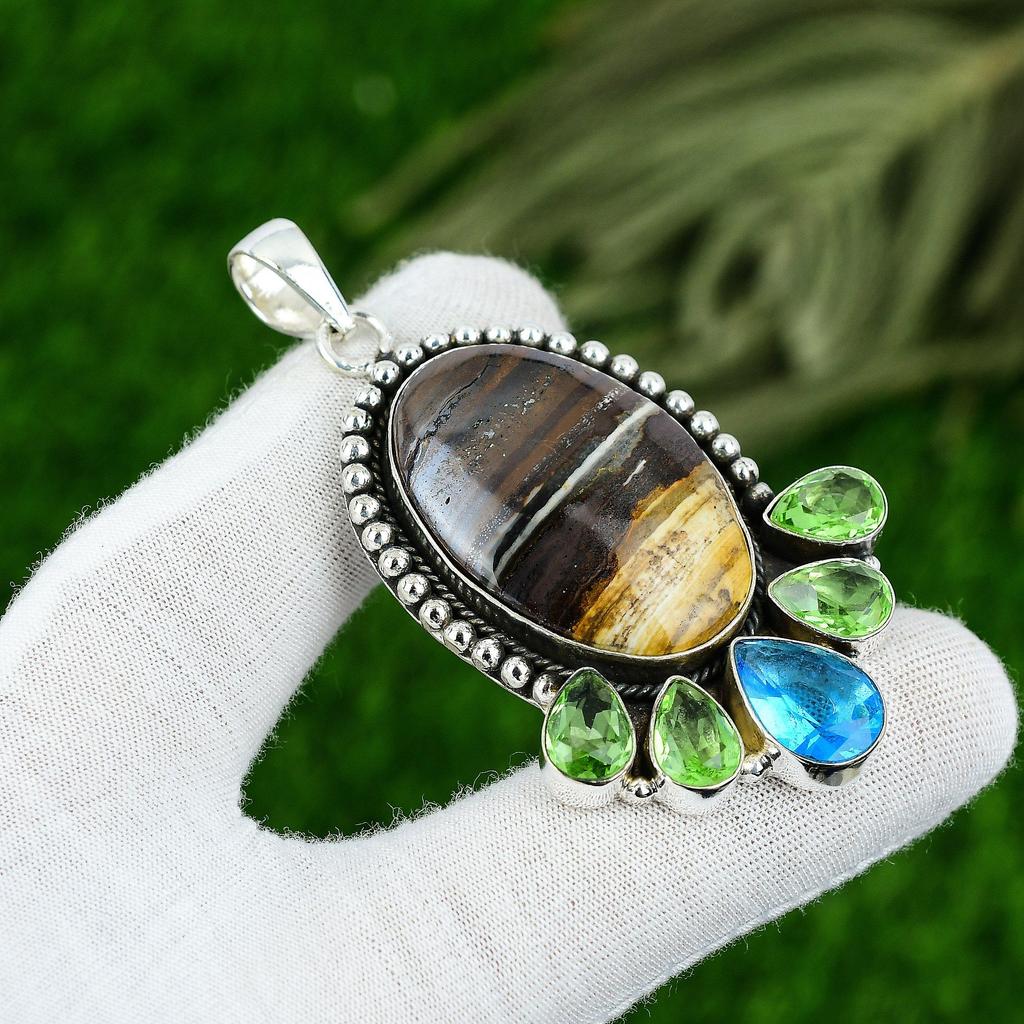 Natural Iron Tiger Eye Gemstone Pendant 925 Sterling Silver Indian Jewelry