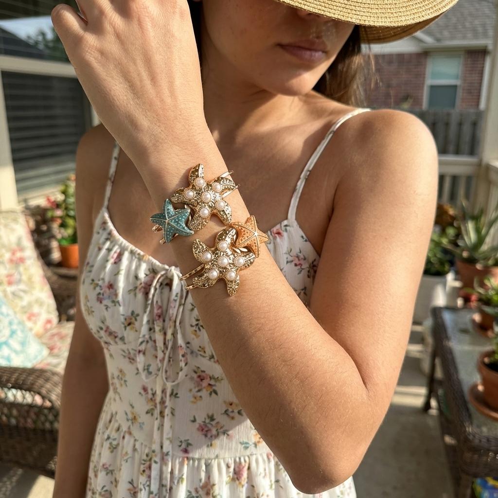 Dopamine Starfish Imitation Pearl Bracelet for Women Boho Gold Pated Enamel Bangle Summer Beach Dainty Wrist Jewelry Gift
