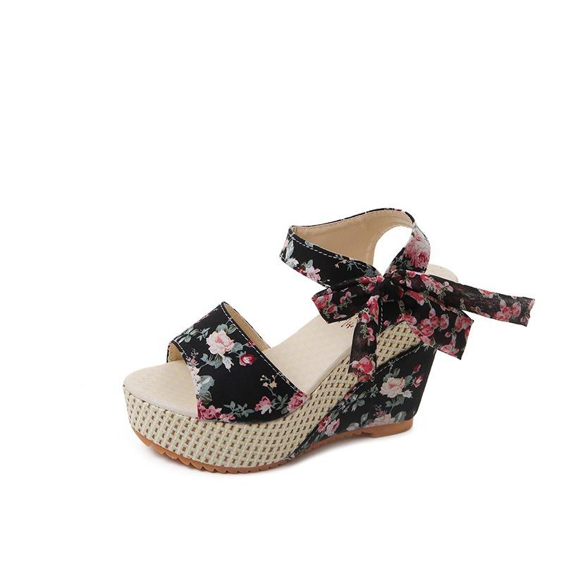 Sandals women's platform wedge heel high heel fish mouth women's sandals muffin and flower ribbon beach shoes summer