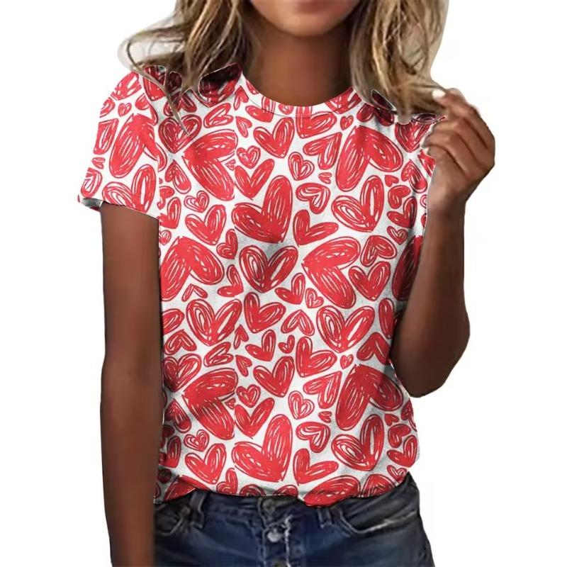 Women's T-shirt 3D Pattern Printed Casual Short Sleeved Love Pattern Printing O-Neck Top Fashionable Street Women's Clothing
