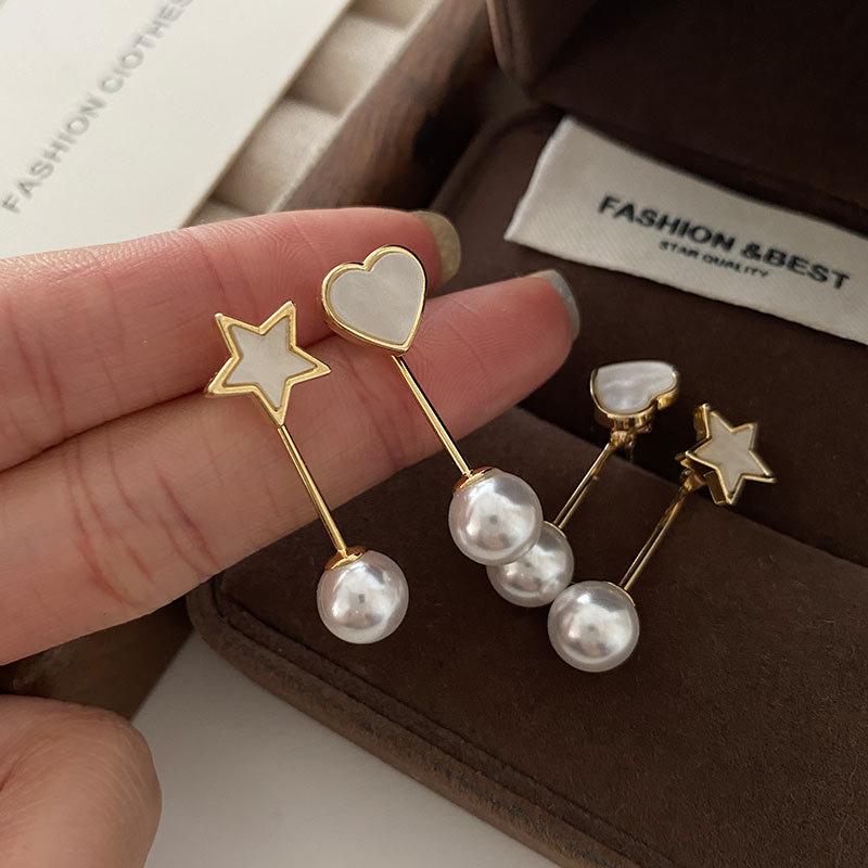 Natural Shell Love Stud Earrings Fashionable Personalized Rear Hanging Pearl Earrings Niche Design Star Earrings