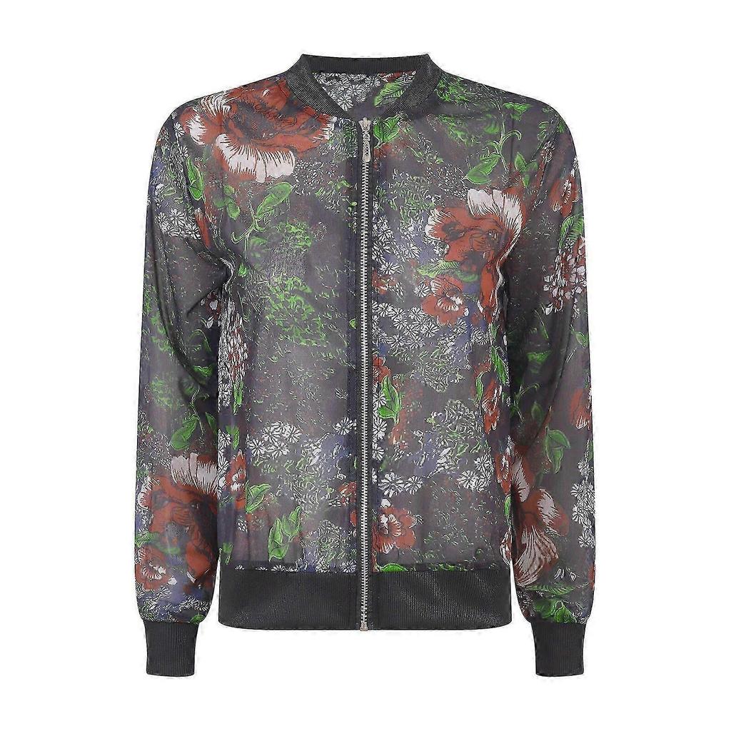 Damen Floral Print Durchsichtige Oberbekleidung Langarm Reißverschluss Vorne Gerippter Saum Atmungsaktives Chiffon Baseballjacke Mantel für den täglichen Gebrauch 2025