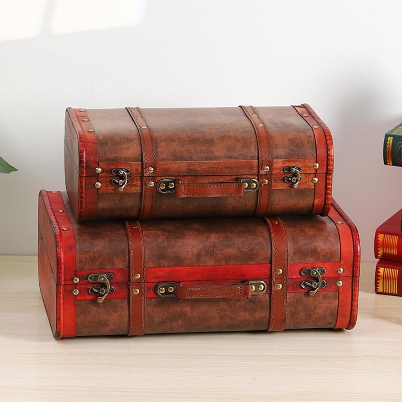 Wooden Trunk Faux Leather Handle Carrying Case Portable Storage Container For Jewelry Cosmetics And Collectibles