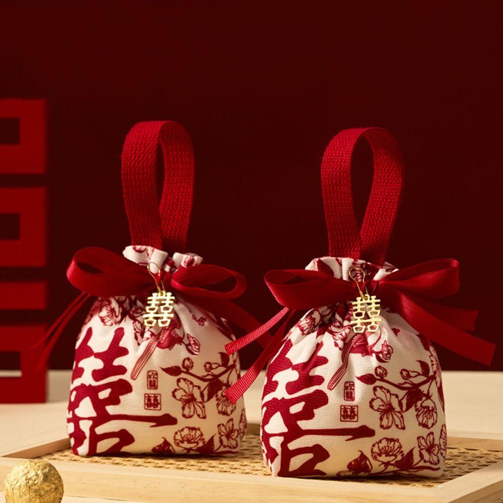 5pcs Chinese Style Drawstring Bag Flowers Gift Packing Bag Fashion Wrist Hand Bag Female/Girls