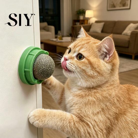 Indoor Cat Interactive Toy 2Pcs Catnip Lick Balls Rotating Ball Safe Healthy Kitten Licking Stimulation Chew with Adhesive for Wall or Floor