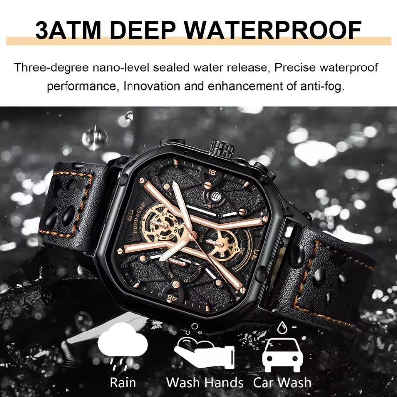 POEDAGAR Fashion Men Wristwatches Luxury Chronograph Luminous Waterproof Date Watch Square Dial Leather Quartz Watches