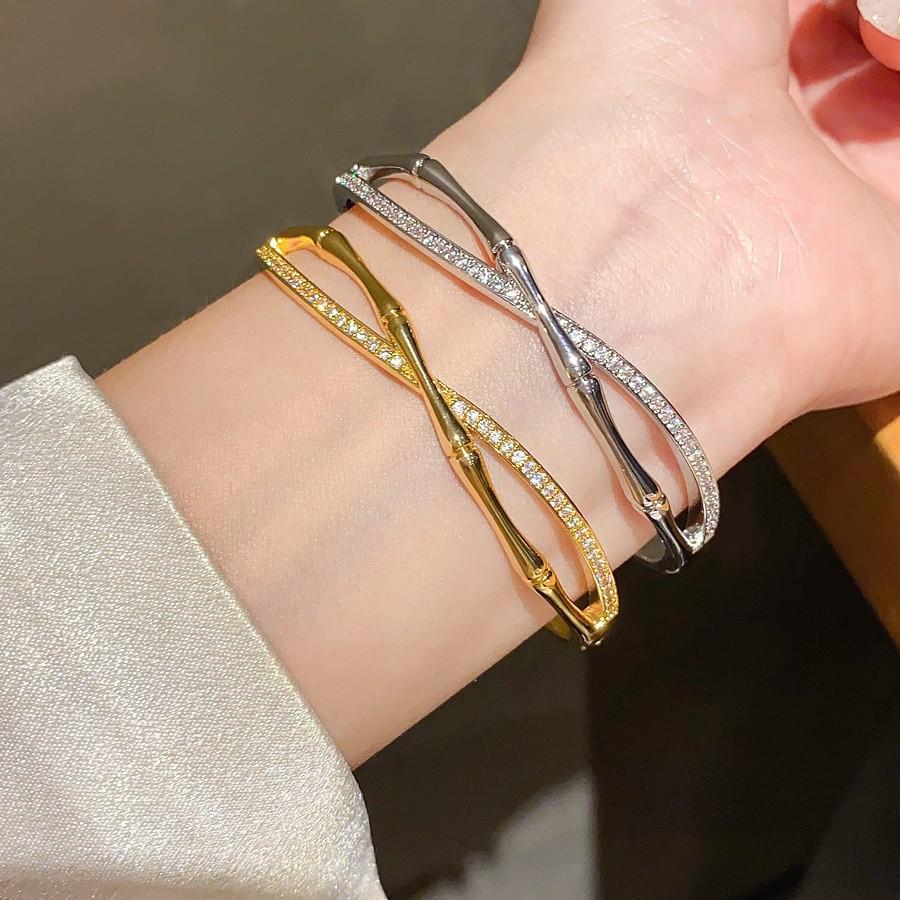 Elegant Silver Copper Zircon Embellished Bamboo Element Bracelet For Ladies