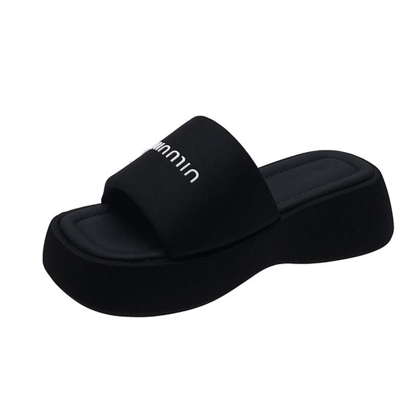 Internet Celebrity Muffin Platform Slippers Outer Wear Women's Shoes 2025 Summer New Heightening Black Sandals