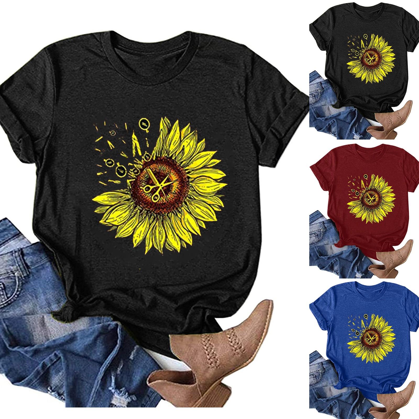 

Женские топы, повседневные футболки с короткими рукавами и рисунком подсолнуха, рубашки для тренировок, блузки