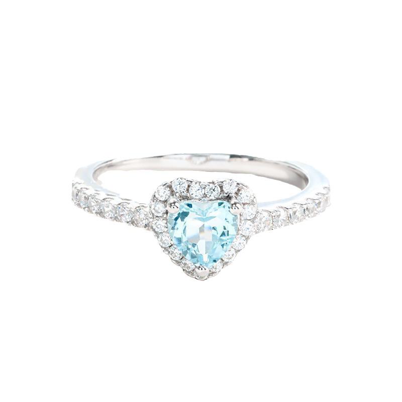 Japanese Style Silver-Plated Aquamarine Zircon Peach Heart Ring for Women - Elegant Light Luxury Engagement Gem