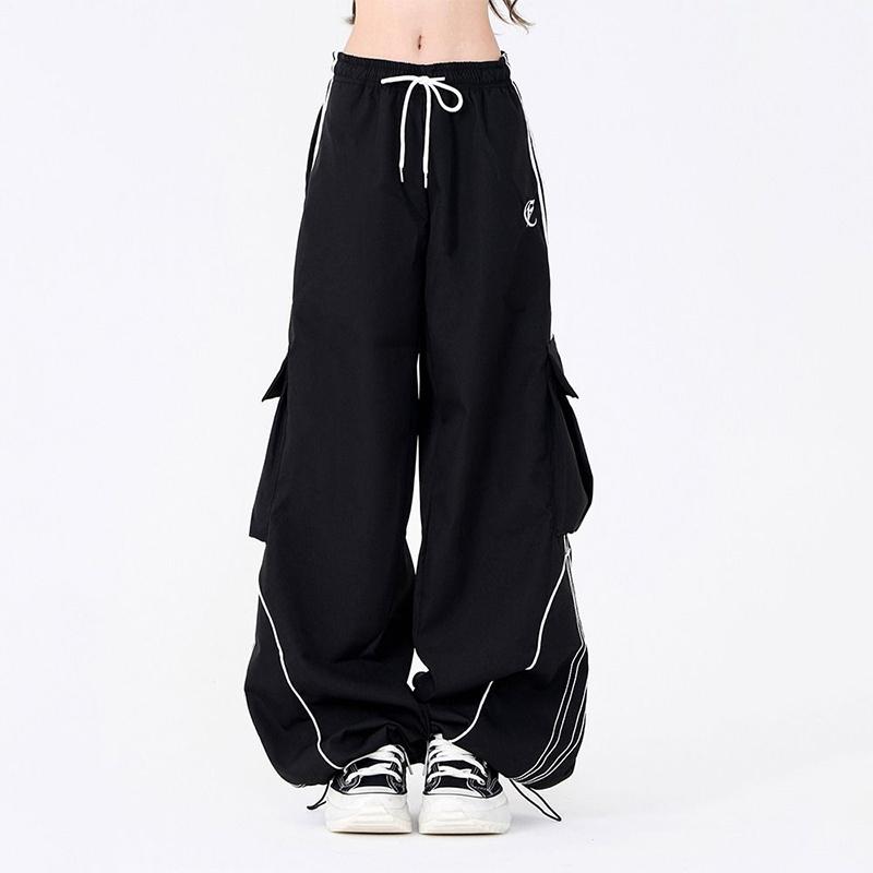 American Vintage Hip Hop High Street Loose Cargo Pants Women Stripe Elastic High Waist Drawstring Pocket Sports Straight Trouser