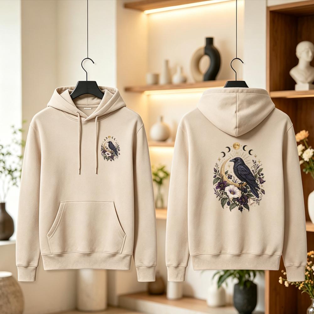 Witchy Raven Hoodie Celestial Moon Long Sleeve Gothic Floral Crow Sweatshirt Botanical Moon Phase Pullover Dark Cottagecore Gift
