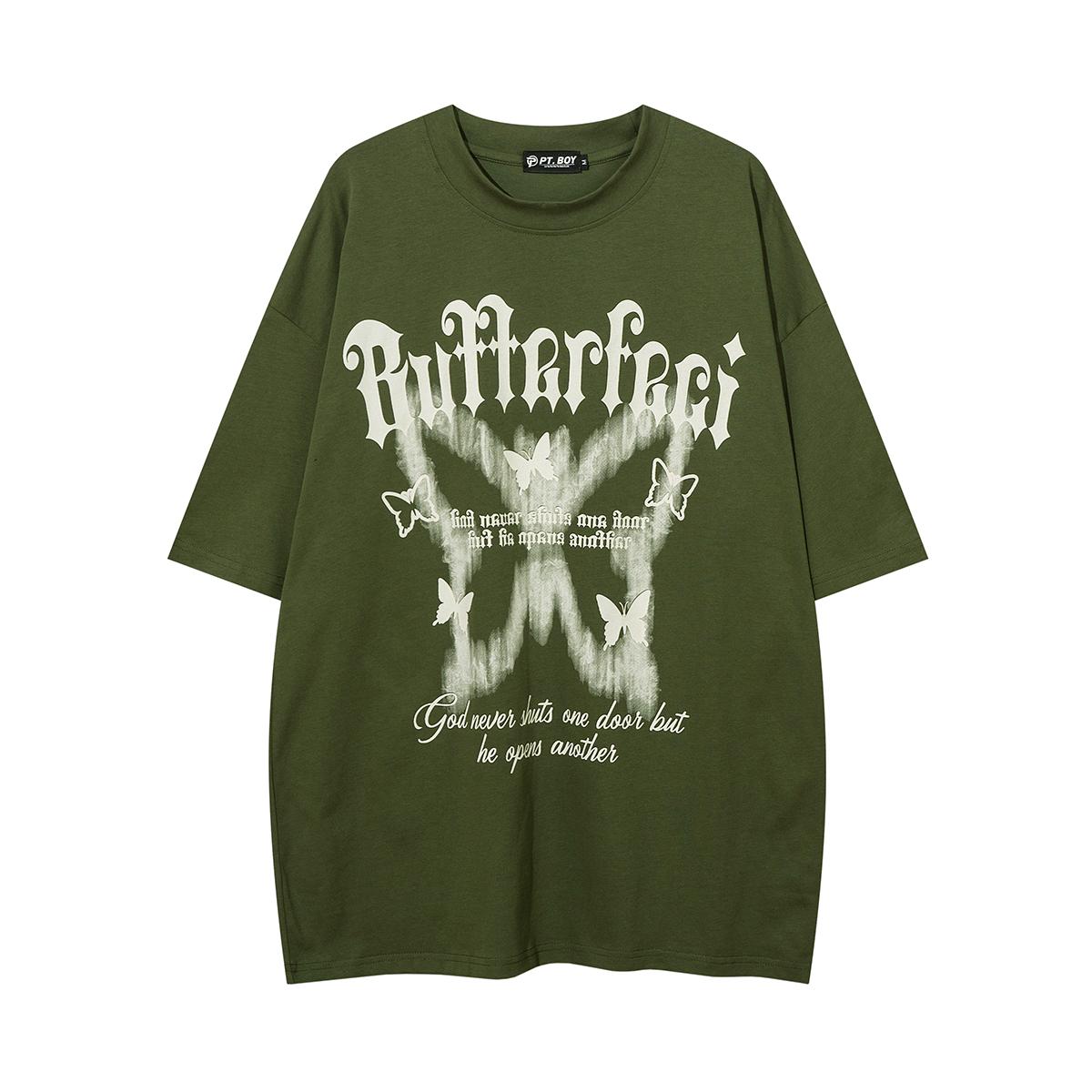 

Summer new butterfly print T-shirt Men s T-shirt Fashion brand High street loose design hiphop couple T-shirt S