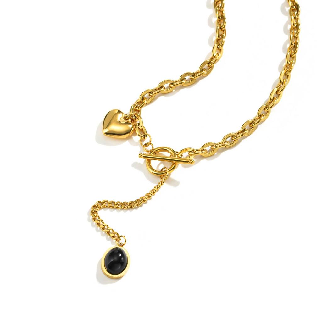 Personality Design OT Buckle Y-shaped Long Necklace for Women, Stainless Steel Heart Oval Pendant, Fashion Party Jewelry
