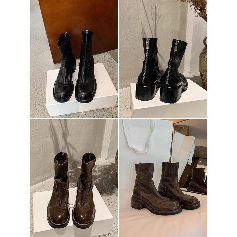 Cowhide Version~ Retro Round Head Thick Heel Thin Short Boots Women's Genuine Leather Washed Handmade Martin Boots Chelsea Thin Boots