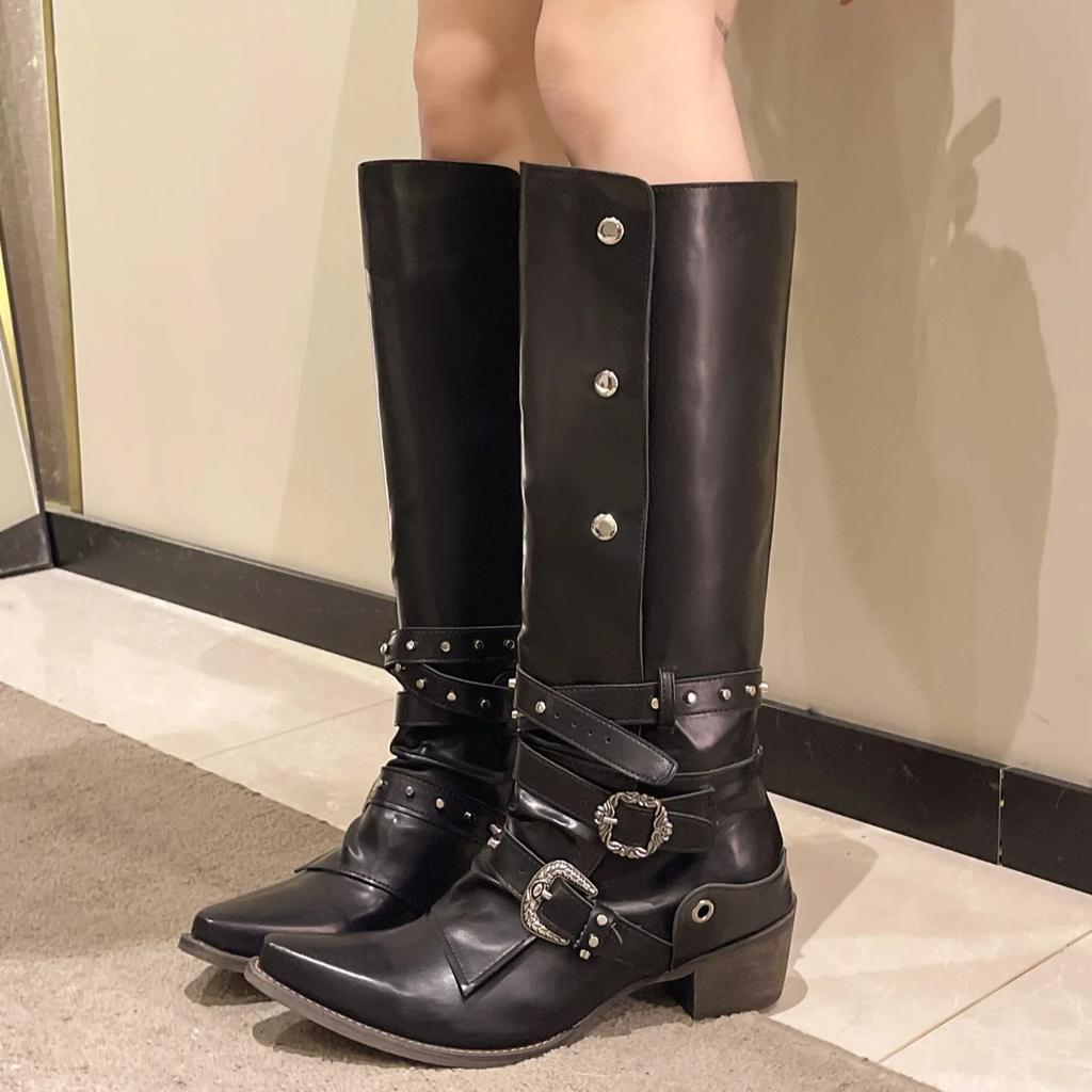 Fashion Women Boots High Quality Pointed Leather Boots Fashion Knee High Boot Metal Belt Buckle Motorcycle Boots for Women Botas