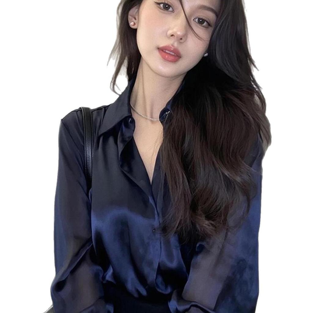 Women's Exquisite Blue Long Sleeve Polo Shirt - Stylish, Versatile, and Slimming for Spring/Autumn