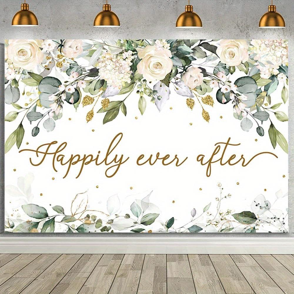 Happy Ever After Wedding Background Cloth - Cypress Leaves and White Flowers Background - Happy Ever After Bride Party 100x150cm