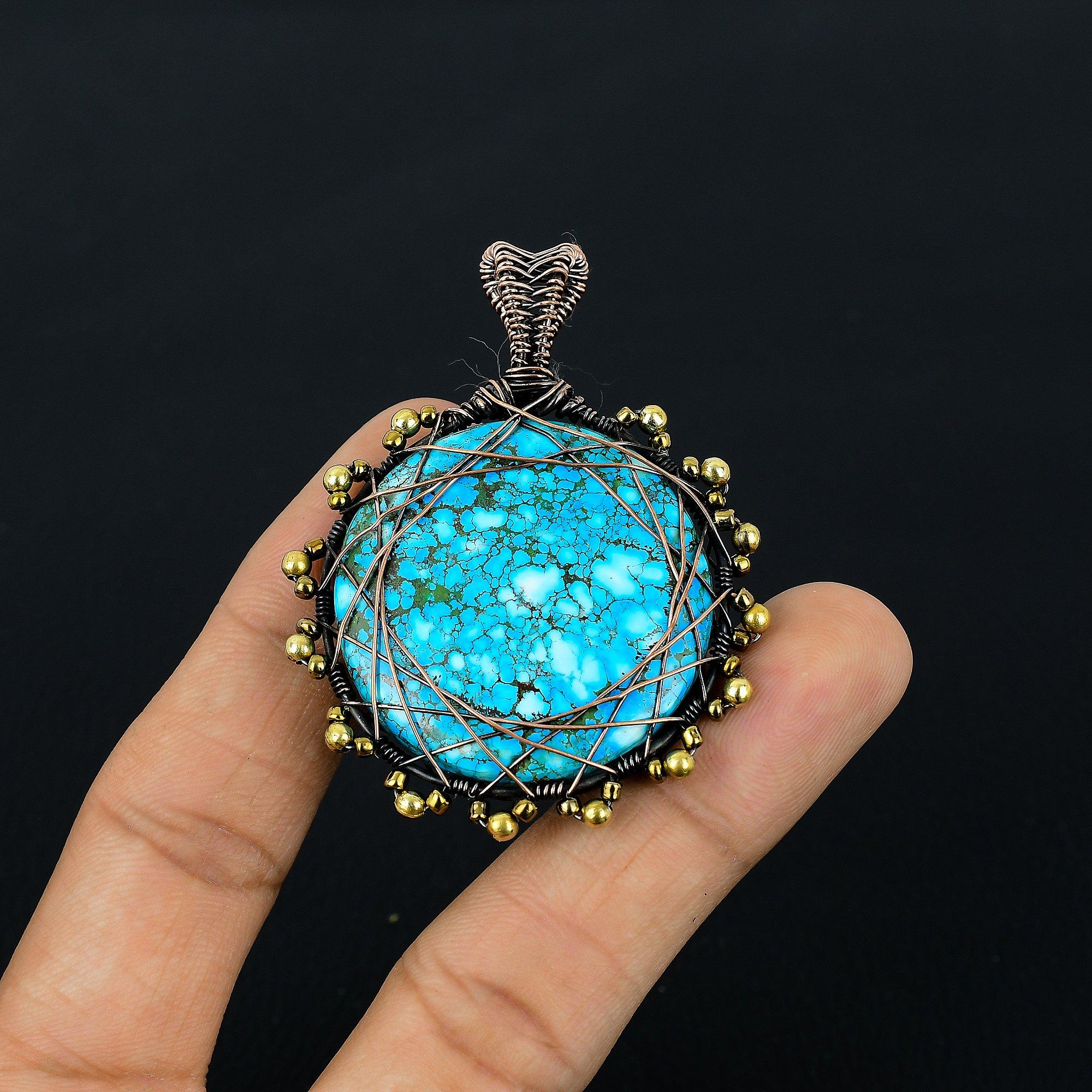 

Подвеска из тибетской бирюзы, ювелирное изделие из драгоценного камня, обернутое медной проволокой 999 пробы, подвеска ручной работы, на День благодарения 2.55 Inches