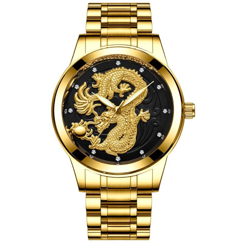 Top Brand Watch Men's Non-mechanical Watch Waterproof Luminous Gold Color Quartz Ultra-thin Steel Strap Dragon and Phoenix Couple Watch
