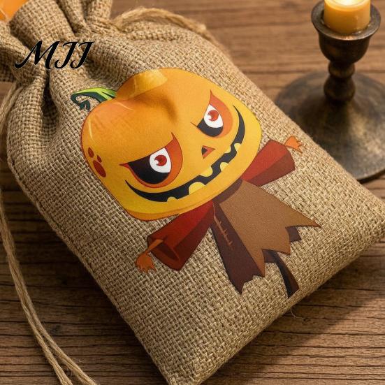 Pumpkin Theme Party Supplies 2PCS Halloween Drawstring Treat Bags, Cartoon Faux Linen Trick or Gift Pouches Sacks, Kids Candy Storage for Favors Cute