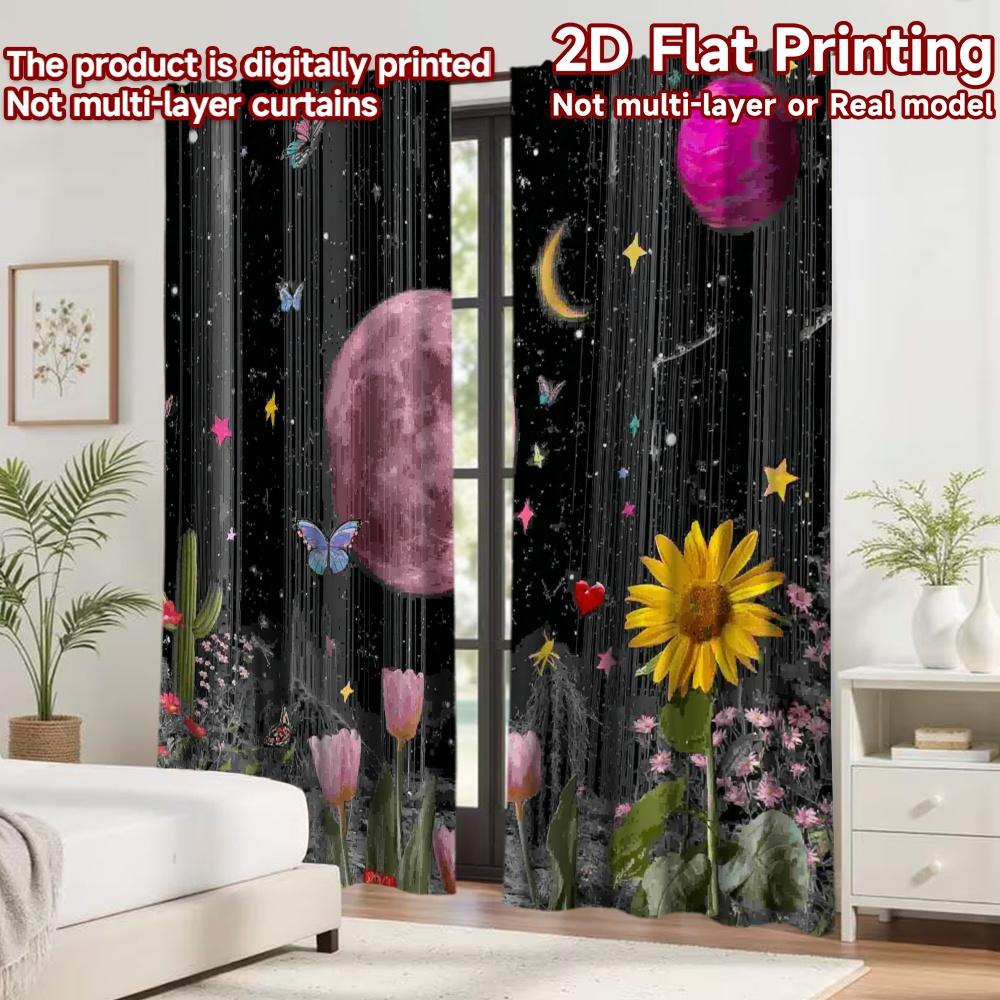 2D flat printing 2pcs Curtain Party Curtain Cosmic Moon and Butterflies Digital Printed Polyester Drapes Family Party Decoration