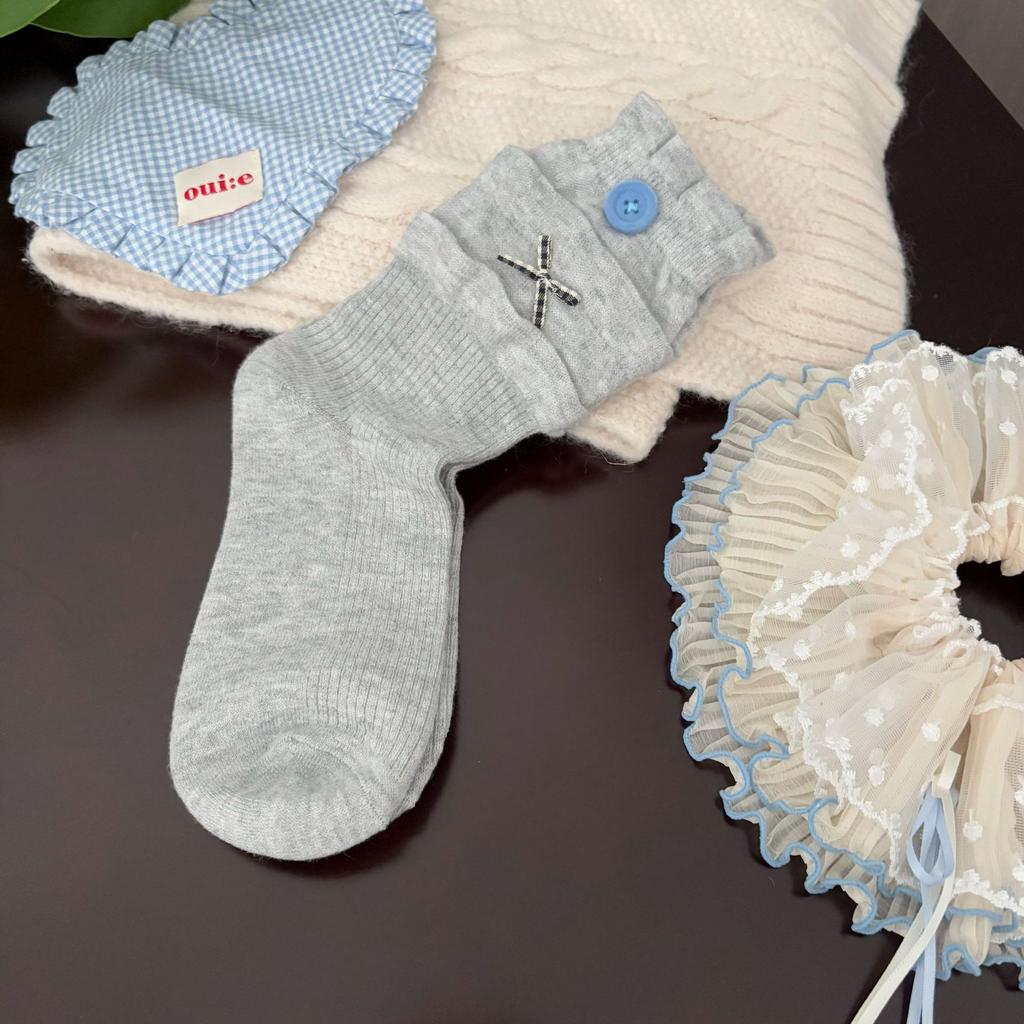 Ladies Autumn Winter Thick Warm Bow-dotted Wool Mid Tube Socks