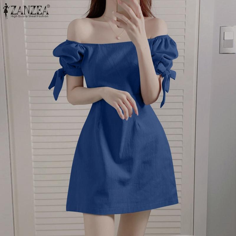 

ZANZEA Женское повседневное платье с квадратным вырезом и коротким рукавом с открытыми плечами