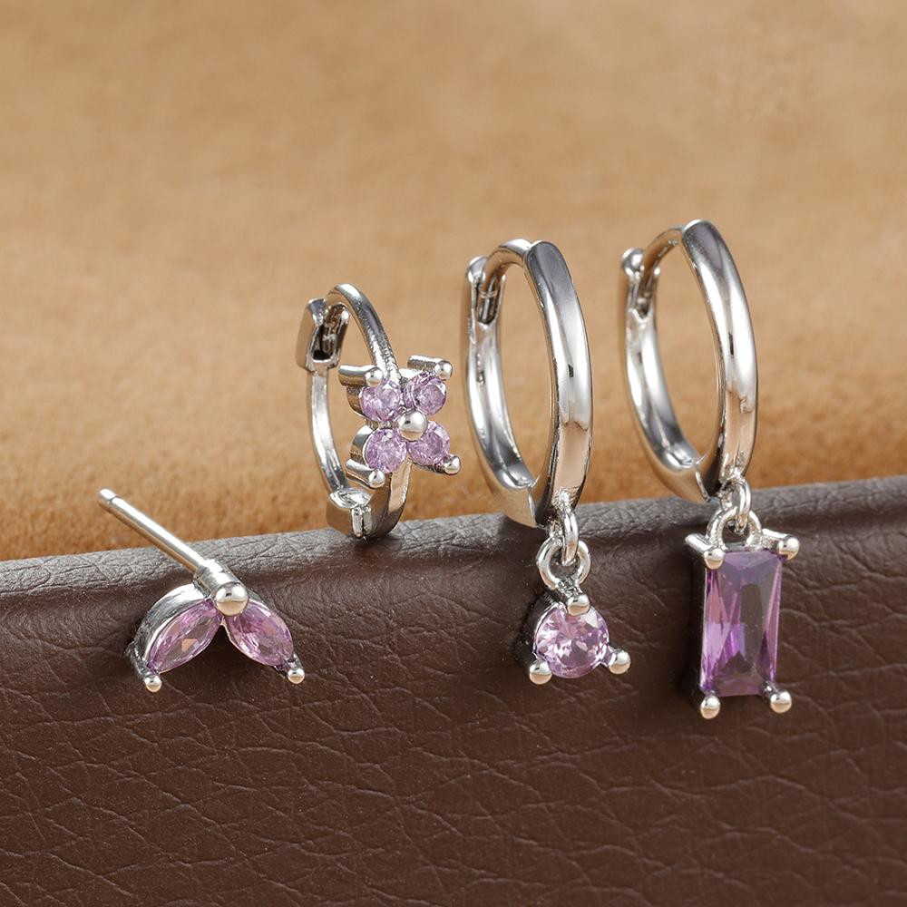 4PCS Stainless Steel Huggies Hoop Earrings Set For Women Rose Red Crystal Zirconia Unique Cartilage Earrings Piercing Jewelry